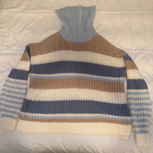 white brown blue stripe knitted sweater turtle neck acrylic fabric - Picture 1 of 4